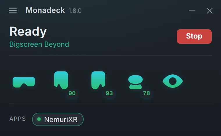 The small Monadeck deck window: runtime ready, headset and controllers with batteries, running apps