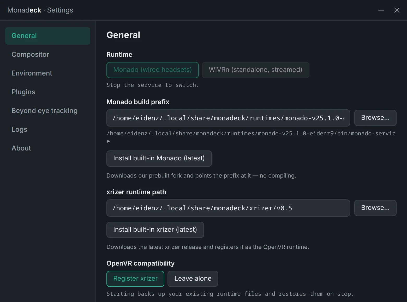 The desktop app's settings window