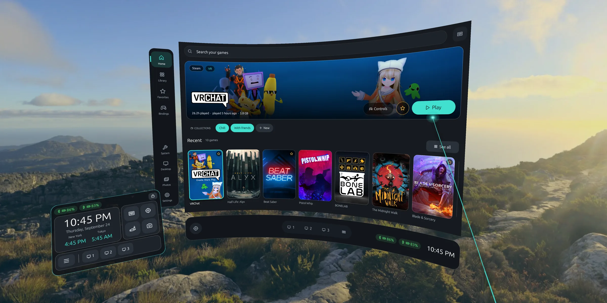Monadeck's curved dashboard floating over a mountain landscape in VR, showing VRChat and a row of games, with a wrist watch on the left hand and a laser pointer on the Play button