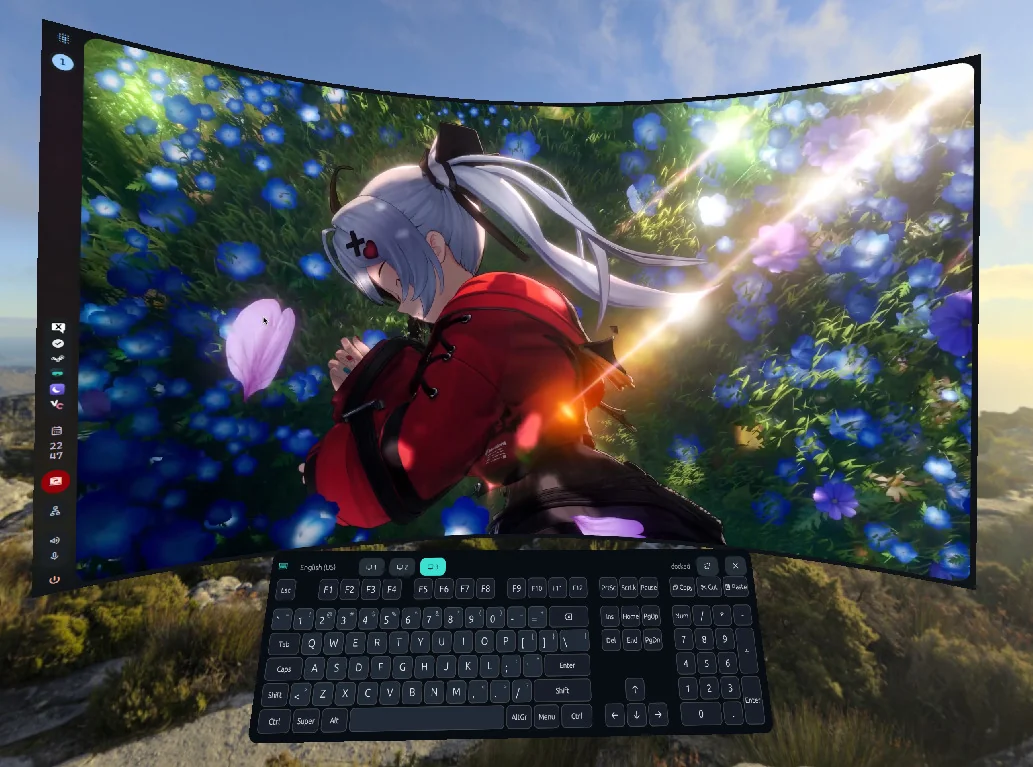 A desktop monitor shown as a large curved screen in VR, with the VR keyboard floating below it