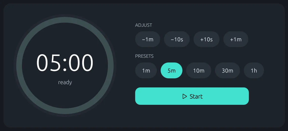 The timer page with a five minute countdown ready to start